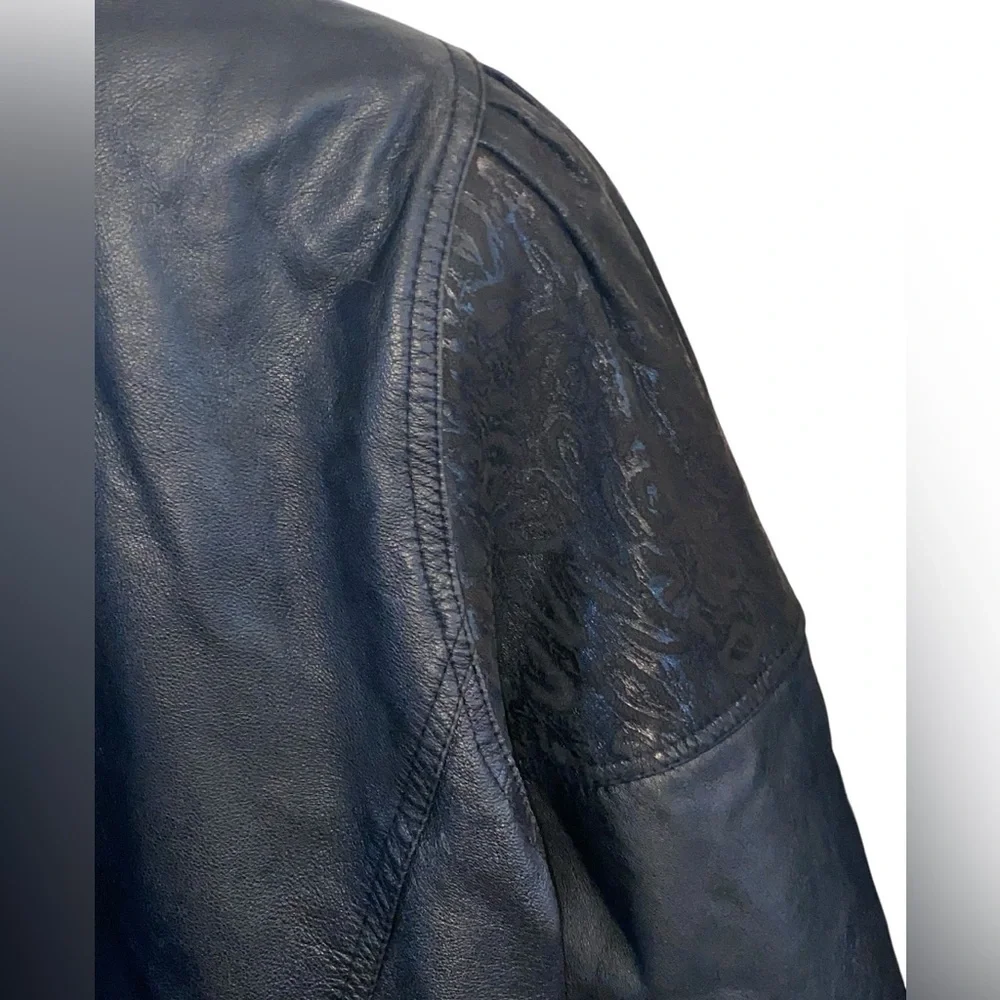 Vintage 80s 90s  Black Leather Jacket shoulder pads Animal Print Detail
